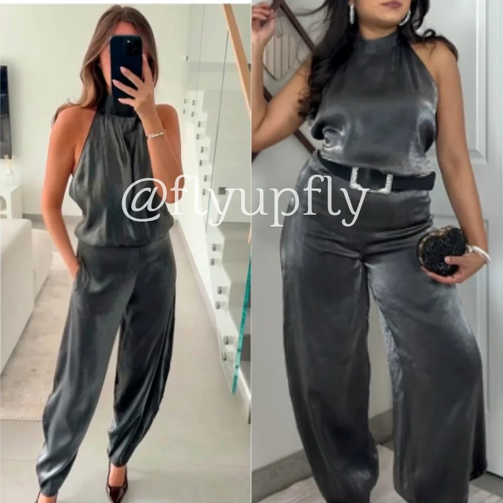 Zara Balloon Metallic Silver Gray Jumpsuit Size M
